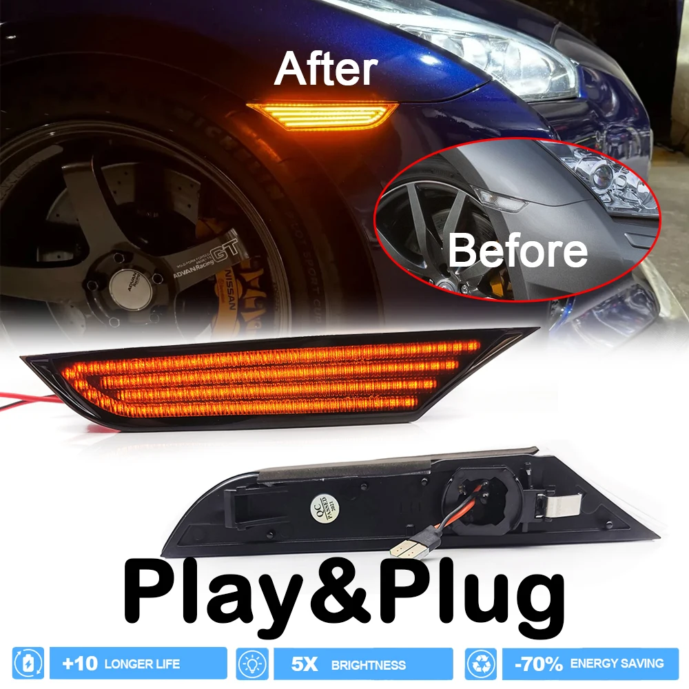 

Светодиодный последовательный поворотник на переднее крыло, боковой габаритный указатель поворота для Nissan GTR R35 Coupe GT-R Nismo V6 07-22 Canbus Янтарный