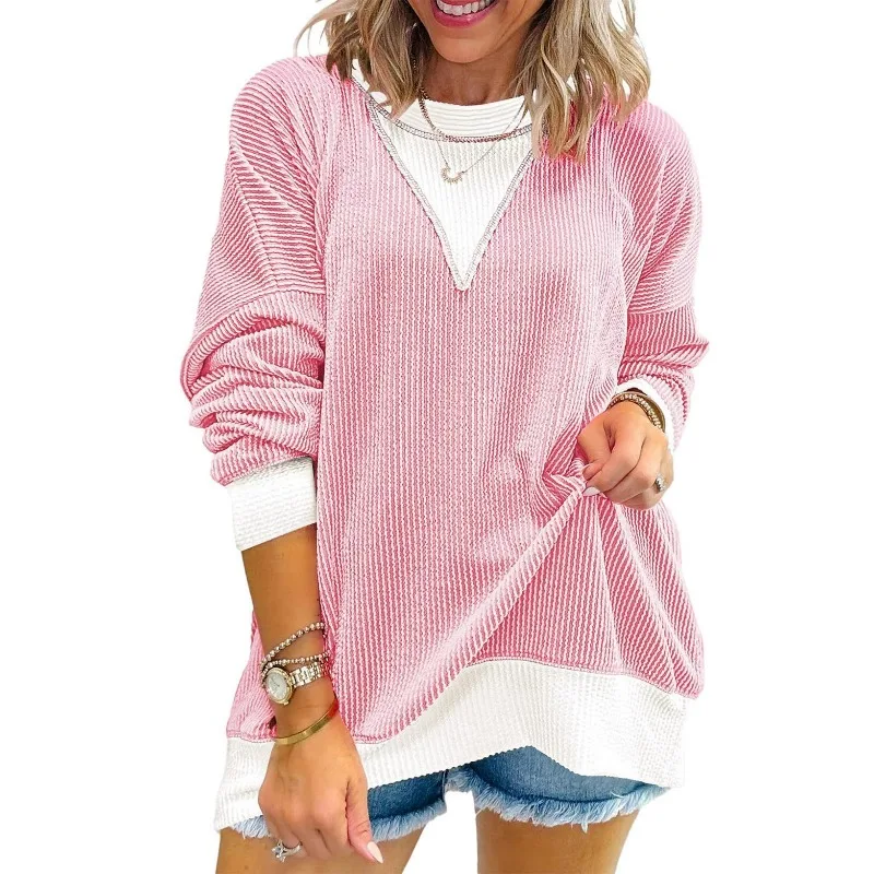 A New Autumn Collection Casual Loose Color-blocking Round-neck Long-sleeved Twisted Striped Hoodie Cross-border Women's Clothing