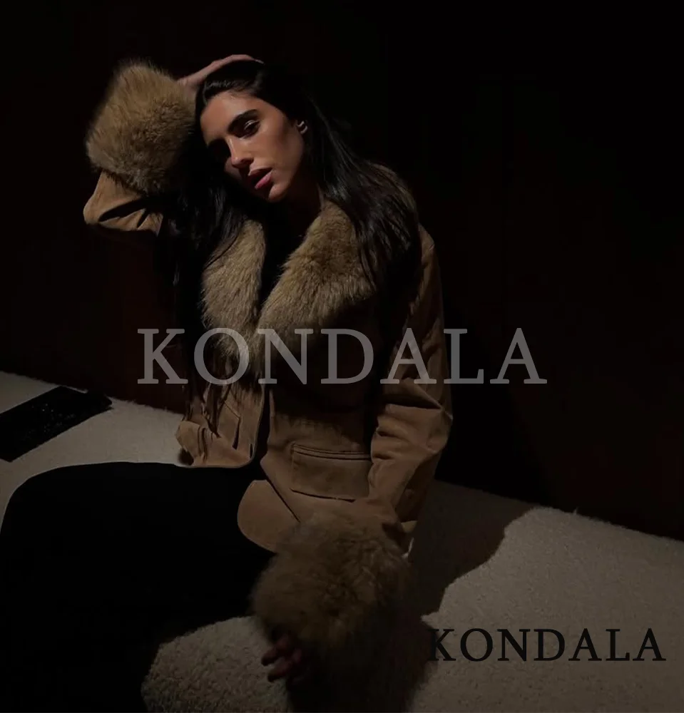 سترة KONDALA بياقة من الفرو للخريف من جلد الغزال سترة نسائية أنيقة بأزرار ضيقة موضة خريف 2025 سترة من الفرو الصناعي للشارع العالي #6