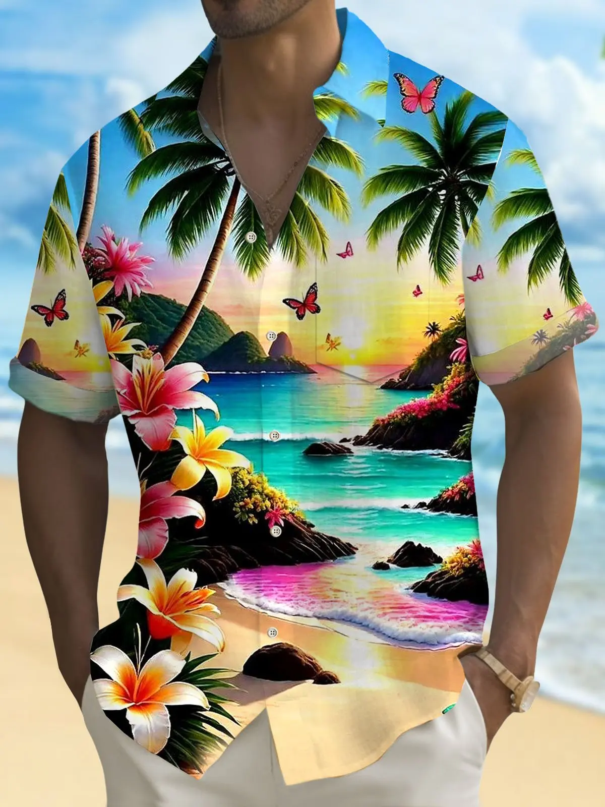 Camisa havaiana masculina estampada em 3D com botão, streetwear colorido, blusa de lapela, estilo havaiano, moda verão