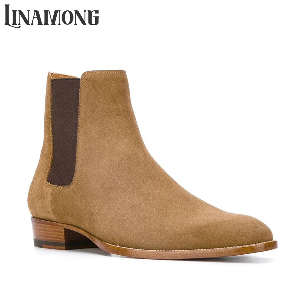 

Almond Toe High Ankle Chelsea Boots Stretch Elastic Strap Slip on Ankle Boots Suede Leather Classic Style Business Boots for Men