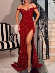 Customized Off Shoulder Mermaid Sequin Vestidos De Noche With Slit Long Ball Gown Sparkly Ruched Formal Evening Party Dress Prom