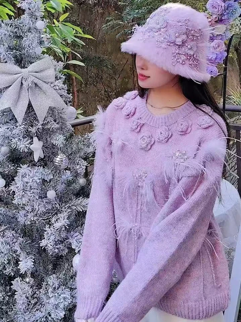 High-end Wool Blended Knitted Pullovers 3D Flowers Crystal Tassel Genuine Fur Stitch Sweater Women's Autumn Outwears Jumpers