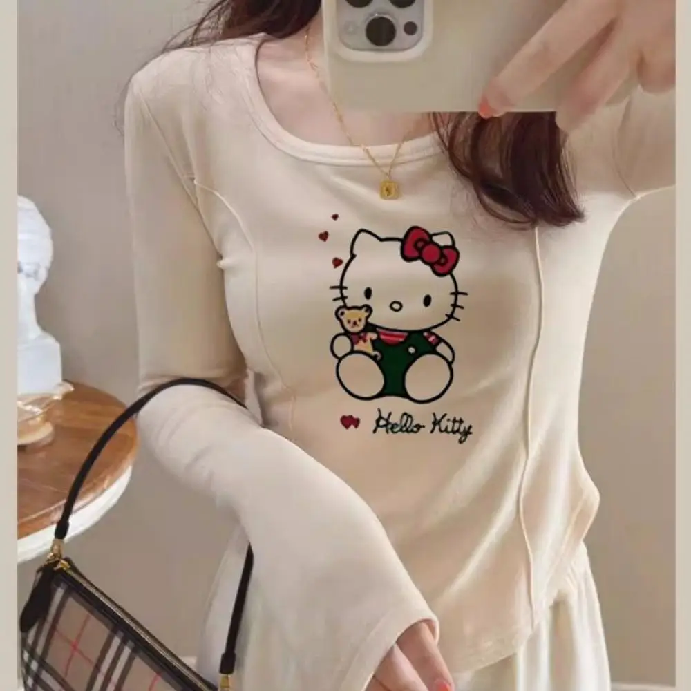 

Sanrioed Hello Kitty Long Sleeve T-Shirt Anime Kawaii Tops Spring Student Girls Bottoming Shirt O-Neck Slim Fit Tops Loose Cute