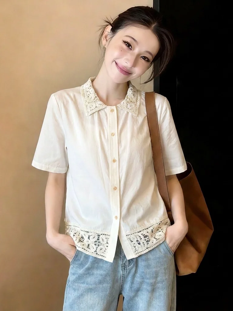 

Lace Hookwork Hollow out Short Sleeve Women's Shirt Summer New Style plus Size Slimming Top Korean Version Loose Fit Commute ...