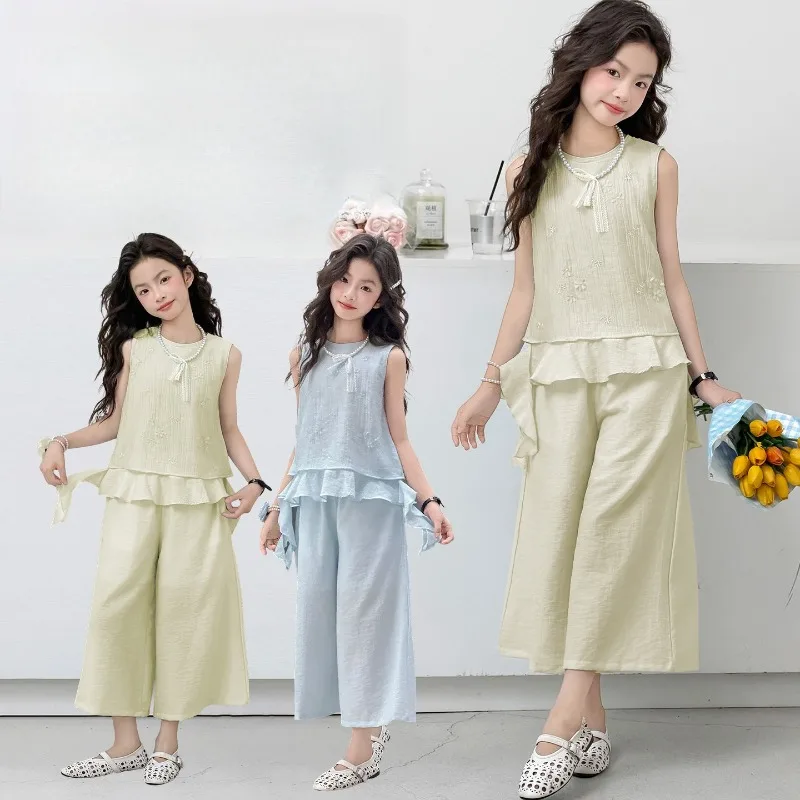 

Children Clothes Girls Summer 2026 Sleeveless Embroidered Ruffle Top and Loose Wide Leg Pants Breathable Comfortable