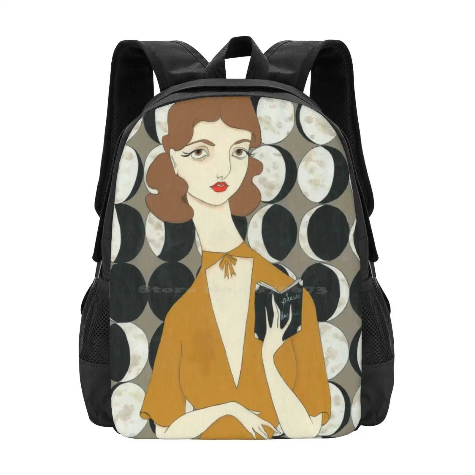 Moon Phases Woman Backpack For Student School Laptop Travel Bag Moon Phases Full Moon Moon Chart Vintage Retro 1930s Wallpaper