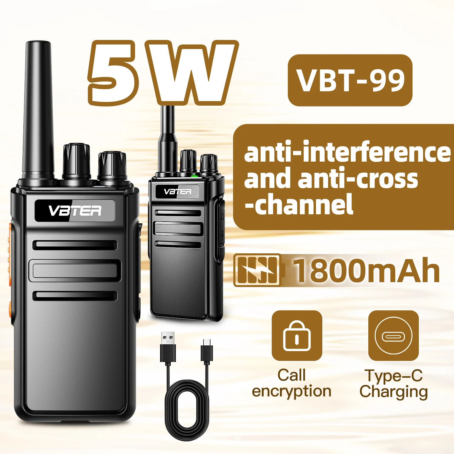 1/2 Unidades VBTER VBT-99 Mini Radio Bidireccional Portátil UHF PMR446MHz, Set de 16 Canales, Alcance de 3-5km, Comunicación para Coches y Motocicletas, Versión Mejorada