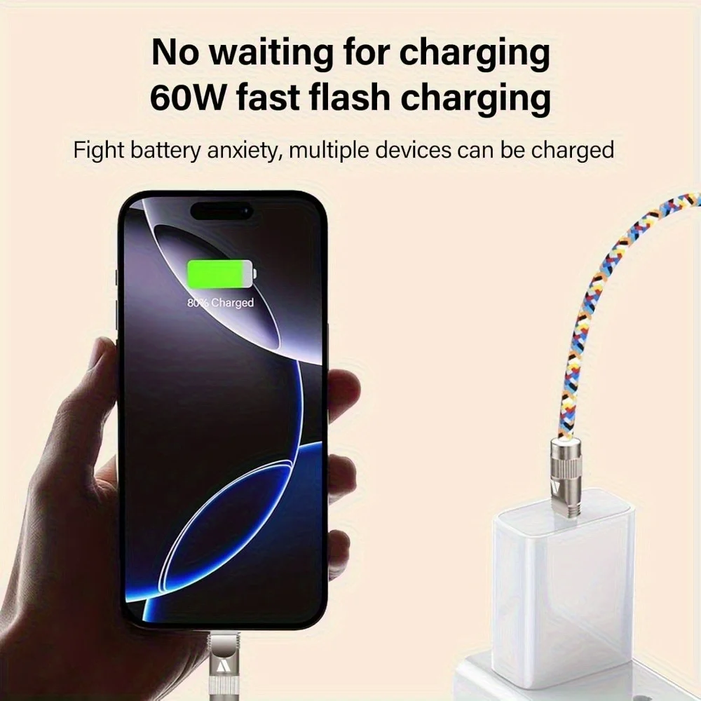 حبل هاتف مضفر 2 في 1 60 وات مضاد للخسارة مع وظيفة شحن سريع لهاتف آيفون 17 16 15 برو ماكس هواوي وشاومي وسامسونج