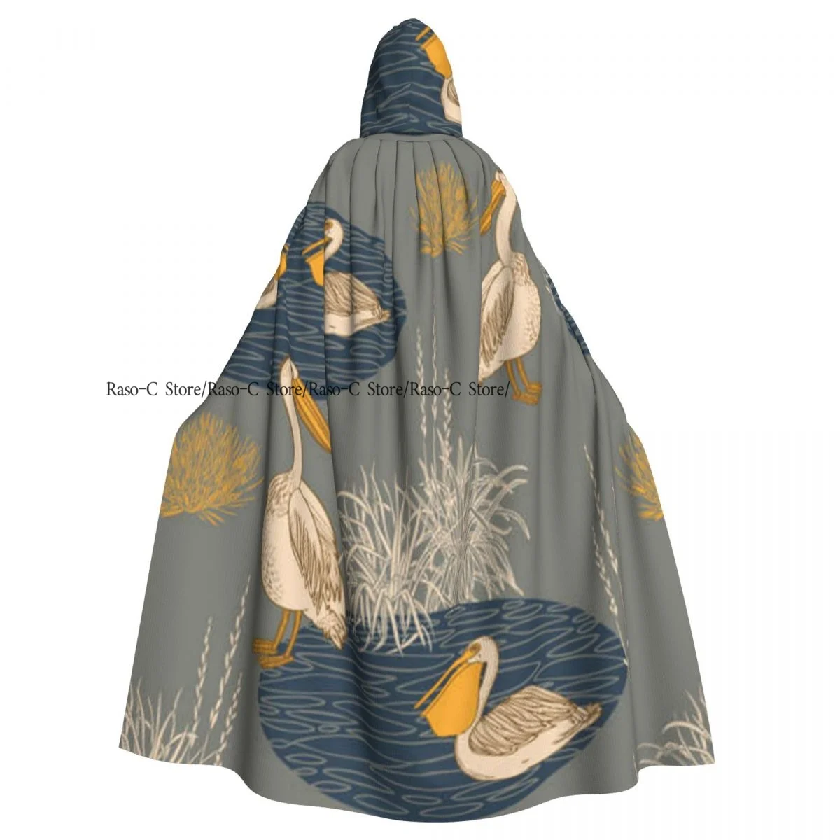 Unisex Adult Hand Drawn Pelican And Reeds Cloak with Hood Long Witch Costume Cosplay