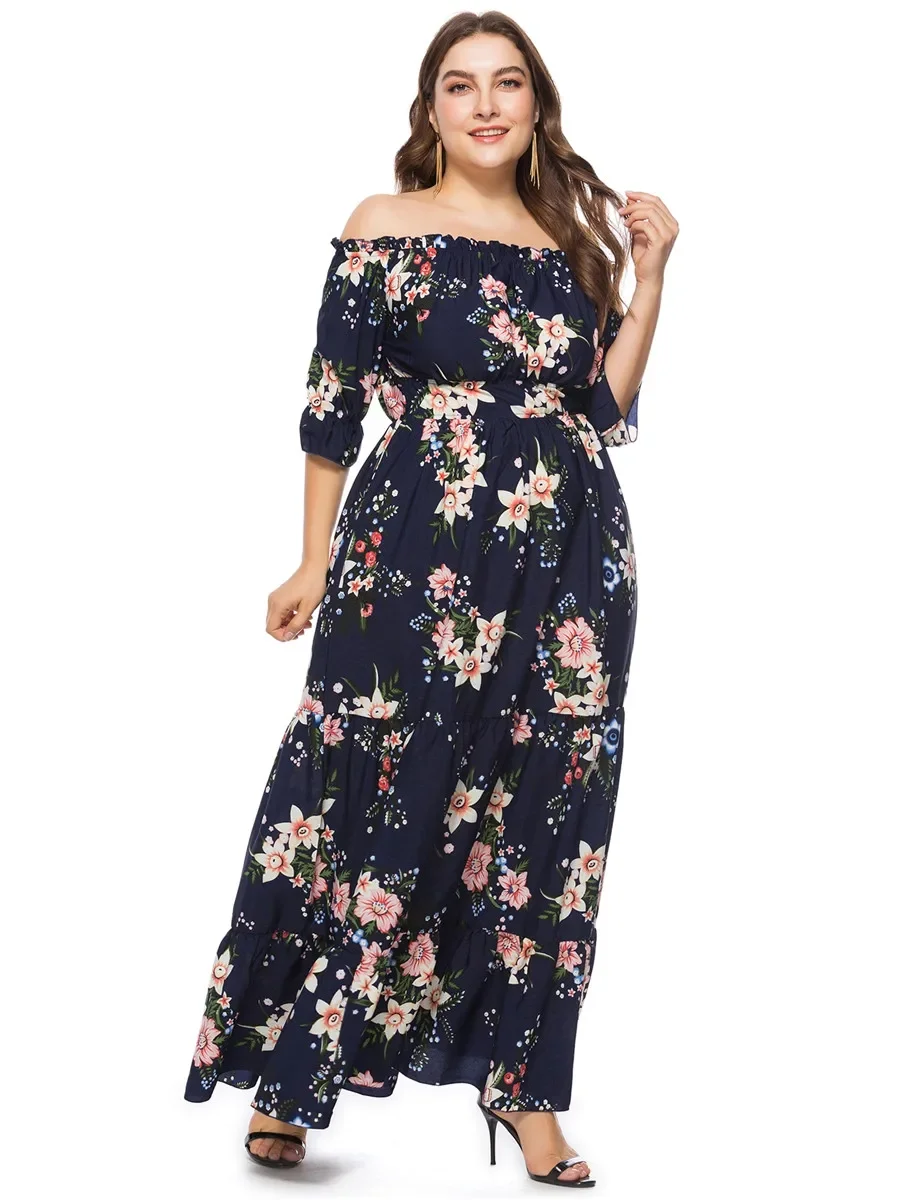 Fashion 2024 Summer Dresses for Women Maxi Dress Slash Neck Short Sleeve Female Elegant Clothing Floral Holiday Clothes