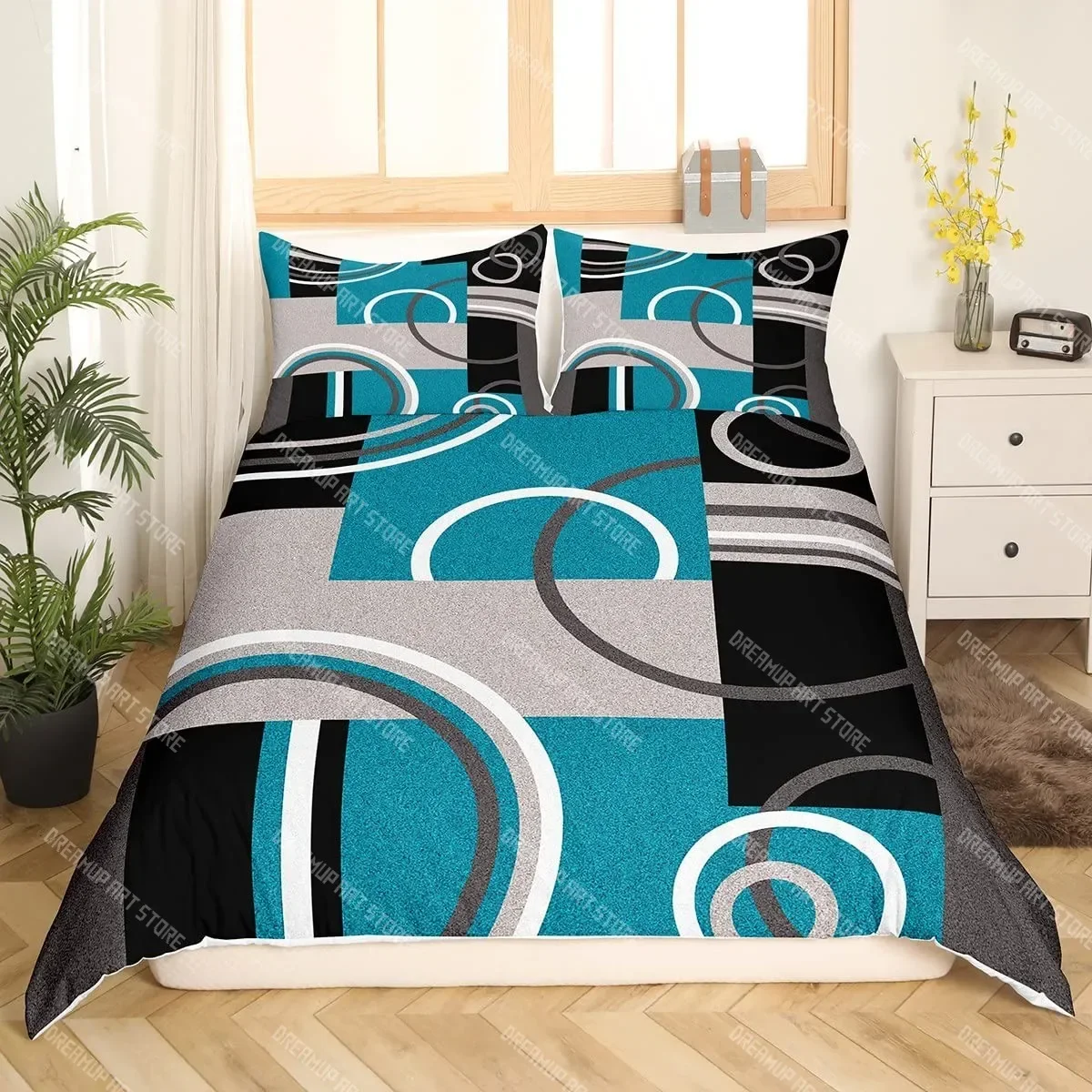2026 Geometric Circles Duvet Cover Set Red And Black Comforter Covers Set Abstract Art Bedding Set Duvet Cover With 12 Pillowcas