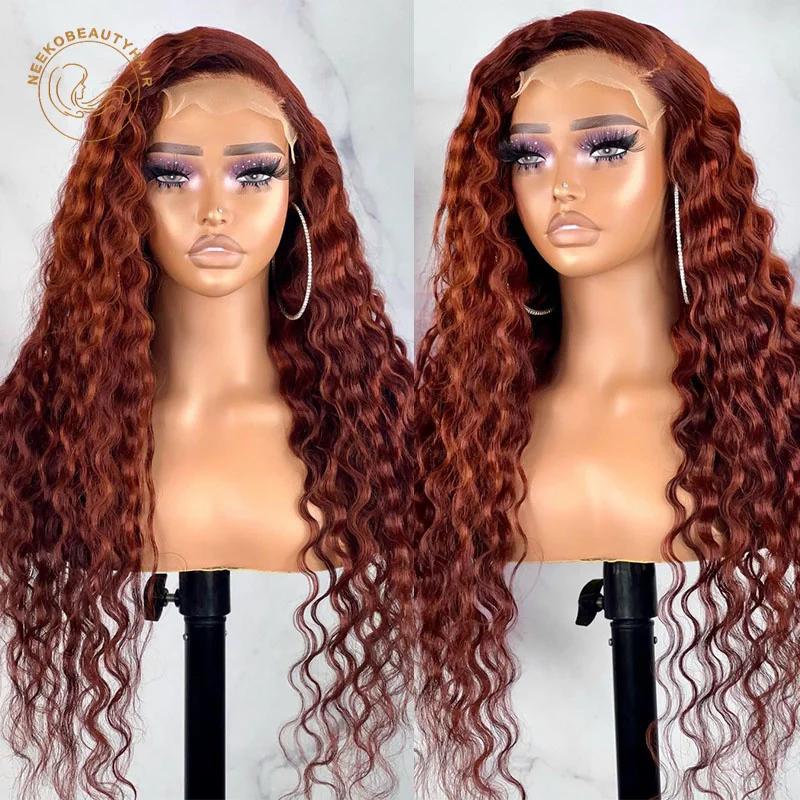 

Deep Wave Lace Front Wig Wavy 13x6 HD Transparent Lace Frontal Wig Ginger Brown Colored Human Hair Wigs For Women