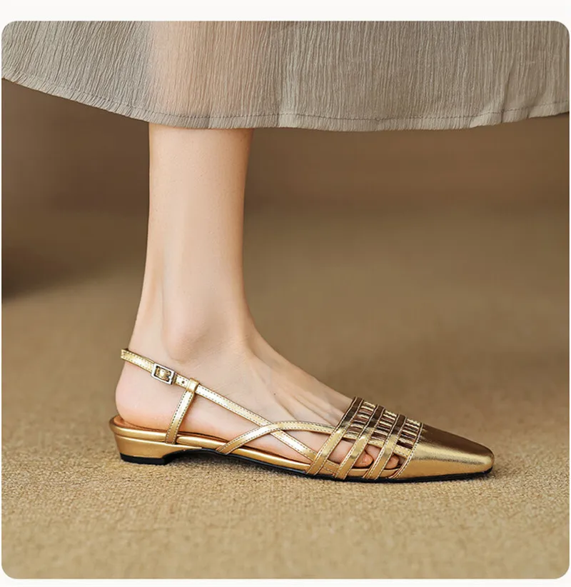 New Split Leather Summer Sandals Square Toe Sandals for Women Low Heel Concise Gladiator Shoes Fashion Narrow Band Ladies Shoes