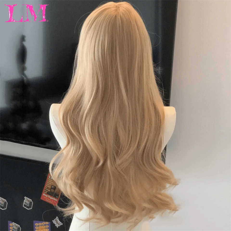 LM Curly Long Wavy Black Blonde Highlights Synthetic Hybrid Wig With Fluffy Bangs Suitable For Women Daily Use