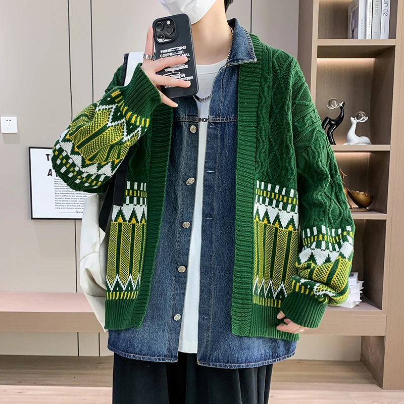 

Fake-2Pieces Cardigan Men Clothing 2026 Spring New Turn Down Collar Fashion Sweater Man Long Sleeve Casual Knitted Pull Homme