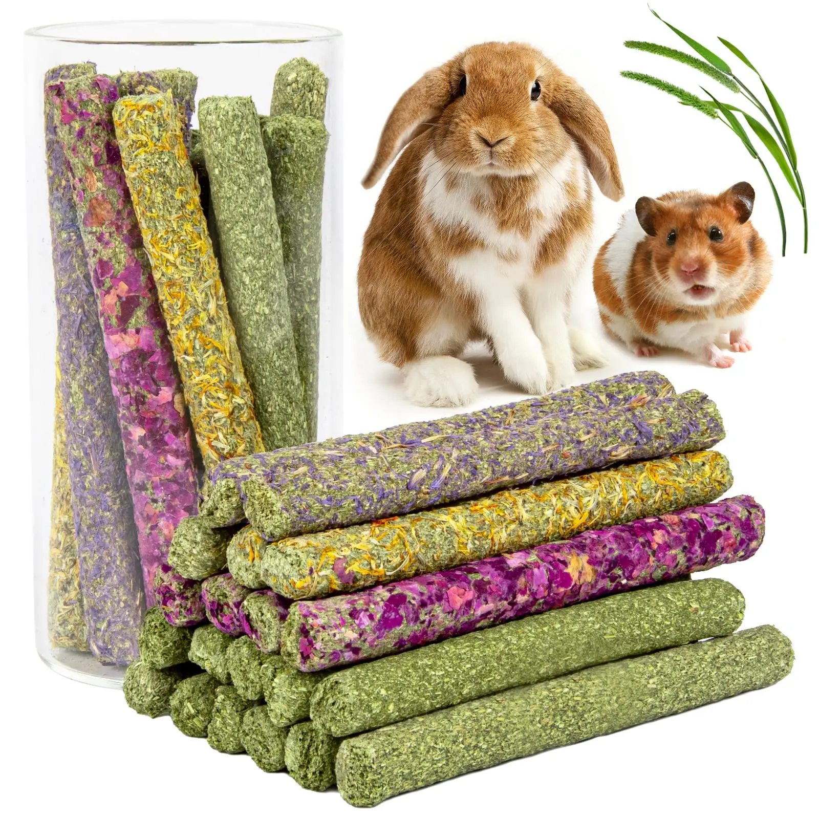 32Pcs Timothy Hay Sticks 320g Rabbit Toys Bunny, Guinea Pig Toys Natural Hamster Toys for Teeth Handmade Treats and Chews Chinc