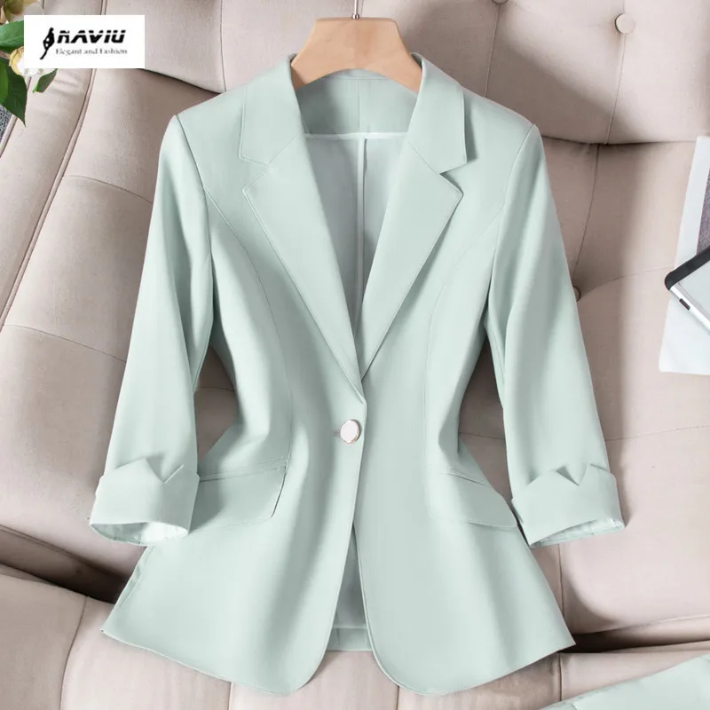 NAVIU Hot Selling Blazers New Spring Summer Women Jacket Chic OL Slim Blazer Femme Elegant Single Button Green Pink Apricot Coat