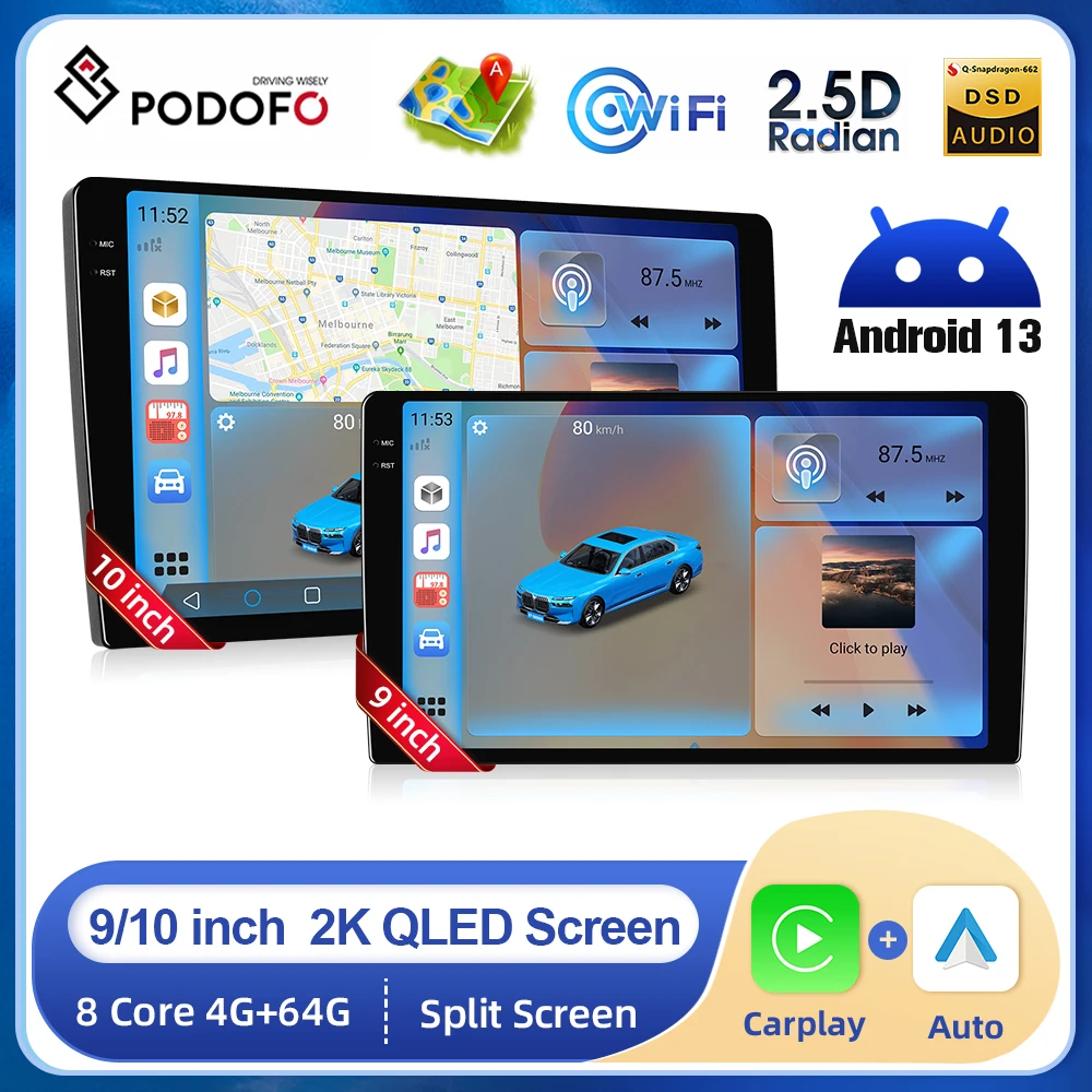 

Автомагнитола Podofo, 2DIN, Android, 9/10 дюйма, сенсорный экран 2K, 8 ядер, 4 + 64 ГБ