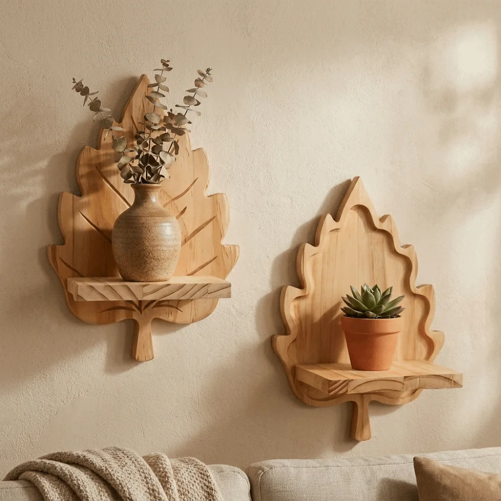 Wooden Maple Leaf Wall Shelf Stable Decorative Wall Mounted Leaf Shelf Nature Style with Screws Plants Display Stand
