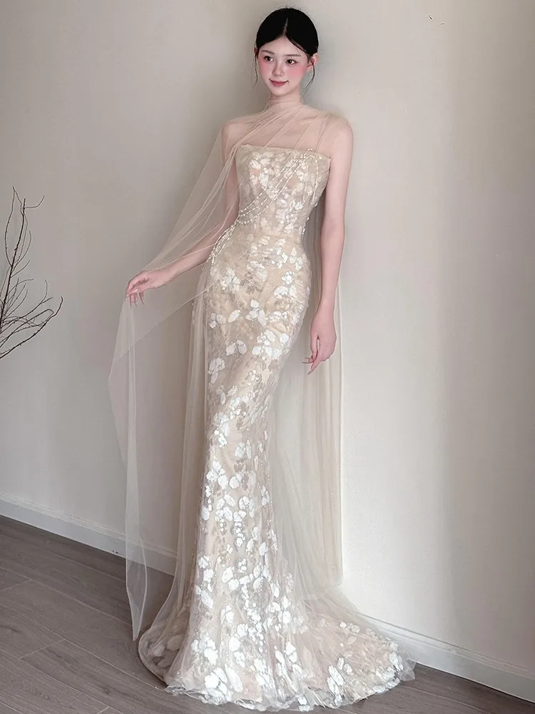 

Toasting morning gown light luxury fishtail dress strapless outdoor chiffon