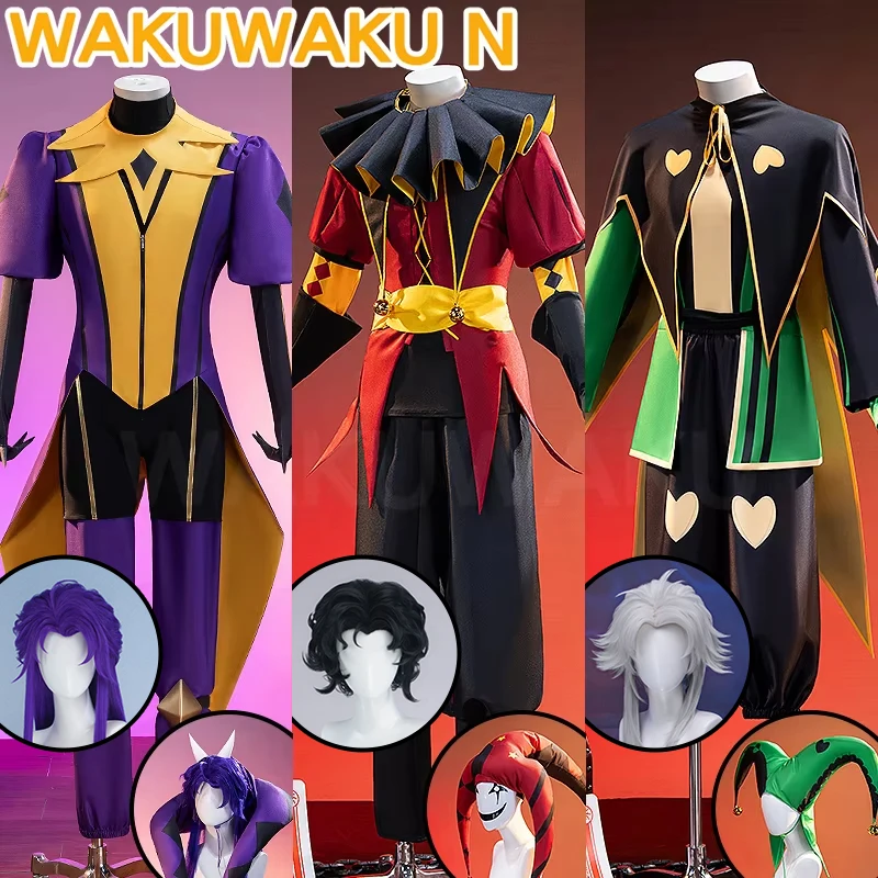 EN STOCK Disfraz de Cosplay de Pierrot Arlequín Bufón para Juego XS-3XL WAKUWAKU-N, Disfraz de Arlequín Payaso para Halloween con Peluca y Máscara, Tallas Grandes