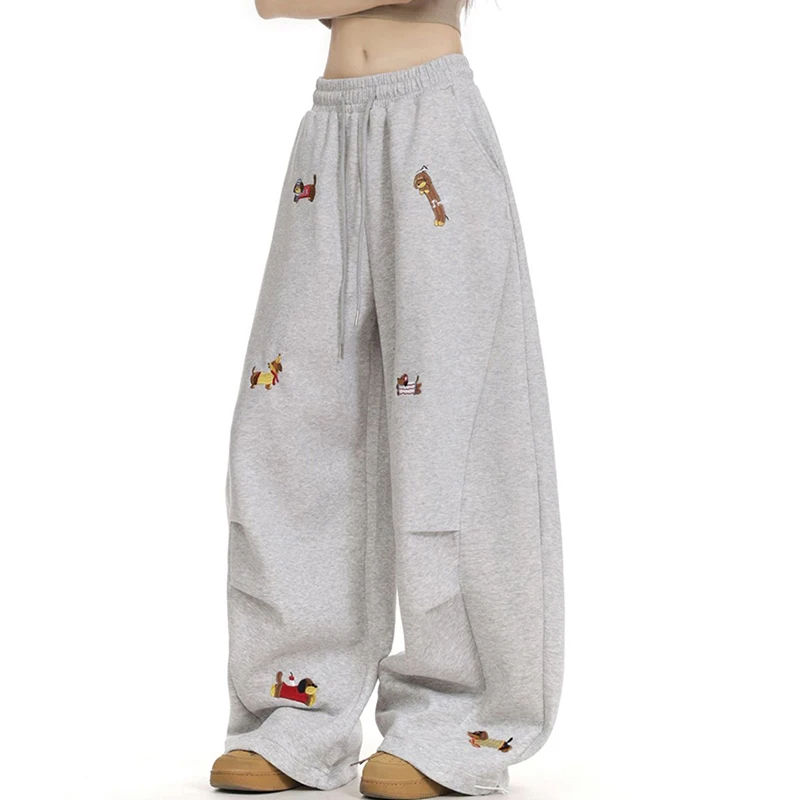 American Vintage Embroidered Sweatpants Women Cute Puppy Hiphop Wide Leg Pants High Waisted Jazz Dance Jogging Casual Trousers