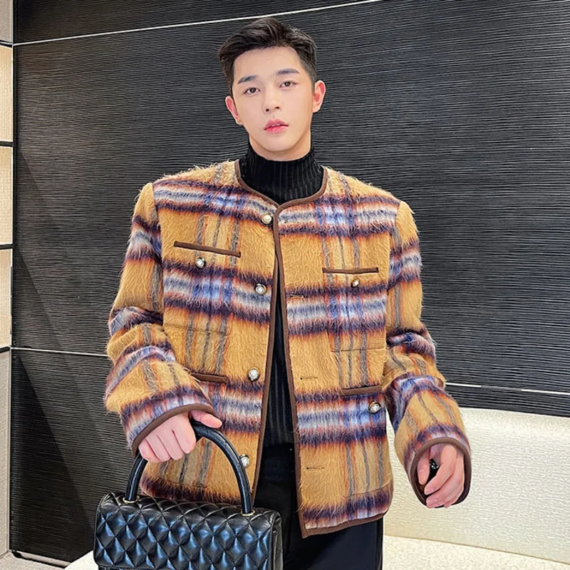 

Fashion Male Chic Plaid Color Block Spliced Woolen Jacket Autumn Winter Loose O-neck Single Breasted Long Sleeve Short Coat