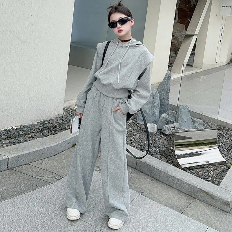 Autumn Girls Tracksuit Casual Sport Sweatshirt Wide Leg Pants Two Pieces Teenage Children Clothing Set Grey Daily Kids Outfits