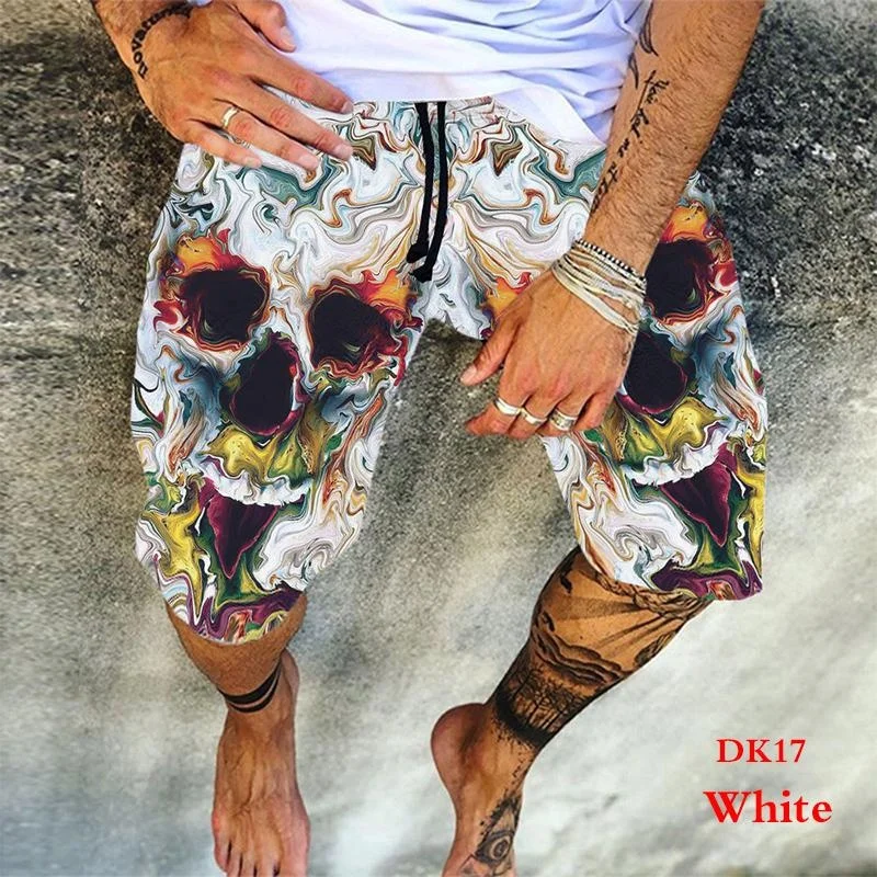 New Men\'s Fashion Shorts Summer Men Floral Skeleton Printed Retro Straight-tube Casual Pants Hawaii Swimsuit Shorts