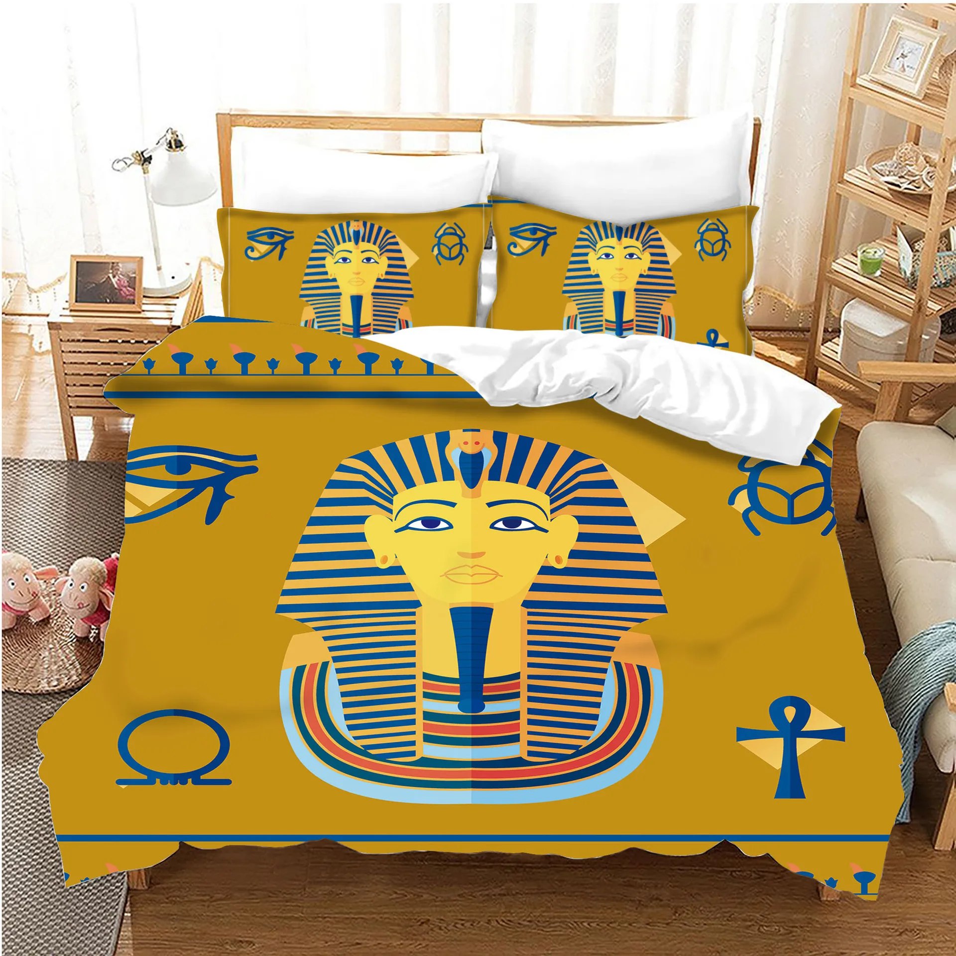 Pharaoh Bedding Sets,King Size 3D Ancient Egypt Tribe Decor Comforter Cover Set for Adult Egyptian Pyramid Polyester Duvet Cover