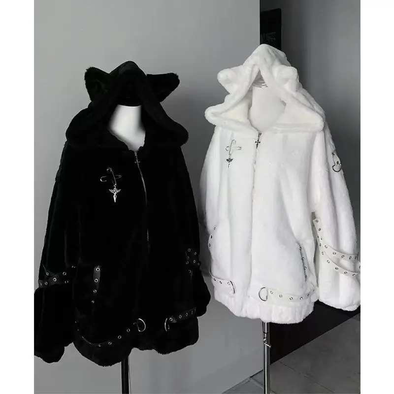 2025 Winter Women's Cute Hooded Coats Harajuku Rabbit Ears Punk Black Outwear Zipper Y2k Faxu Fur Long Sleeve Hoodies Chic New