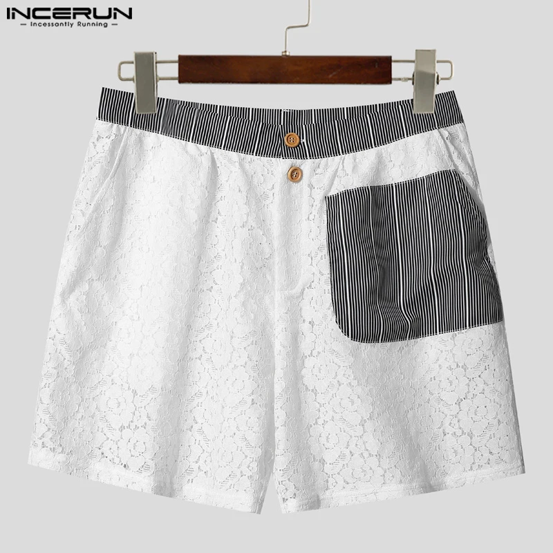

INCERUN мужские шорты кружевные полосатые лоскутные пуговицы повседневные мужские штаны летняя уличная одежда 2025 прозрачные модные мужские шорты S-5XL