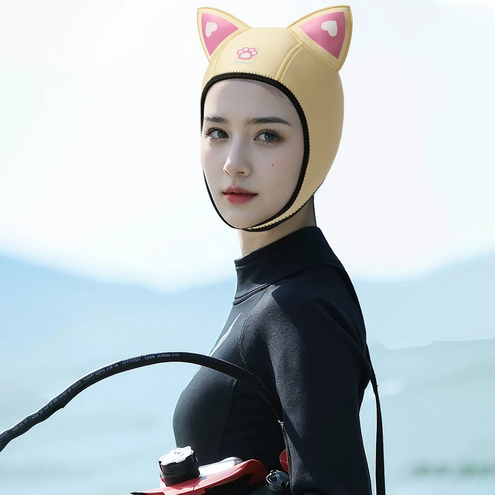 3MM Neoprene Diving Hood With Chin Straps Women Cute Cat Ears Waterproof Hat Wetsuit Hood Swimming Snorkeling Caps