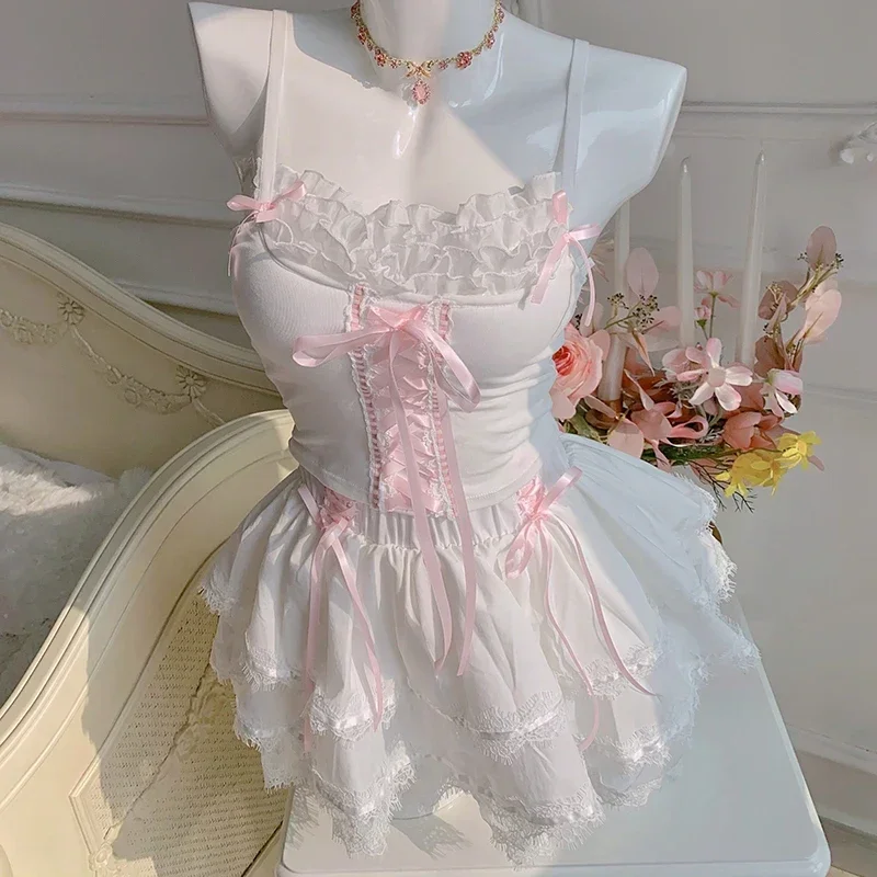 

Cute Crop Top Women Summer Lace Trim Bows Decoration Slim Tops for Sweet Girls Lolita Style Kawaii Clothes 2025