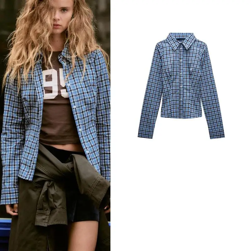 

Autumn Winter Women's Slim Fit Long Sve irt Casual Plaid Collar Stand up Top New Arrival Faion Polyester Fiber China Made