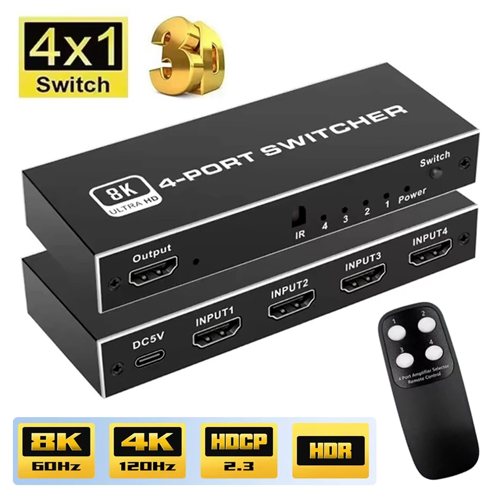 4/5 Ports HDMI-Compatible 2.1 Switch Splitter 8K 60Hz 4K 120Hz Switcher with Remote Control HDR for PS5 Monitor TV Box Laptop PC