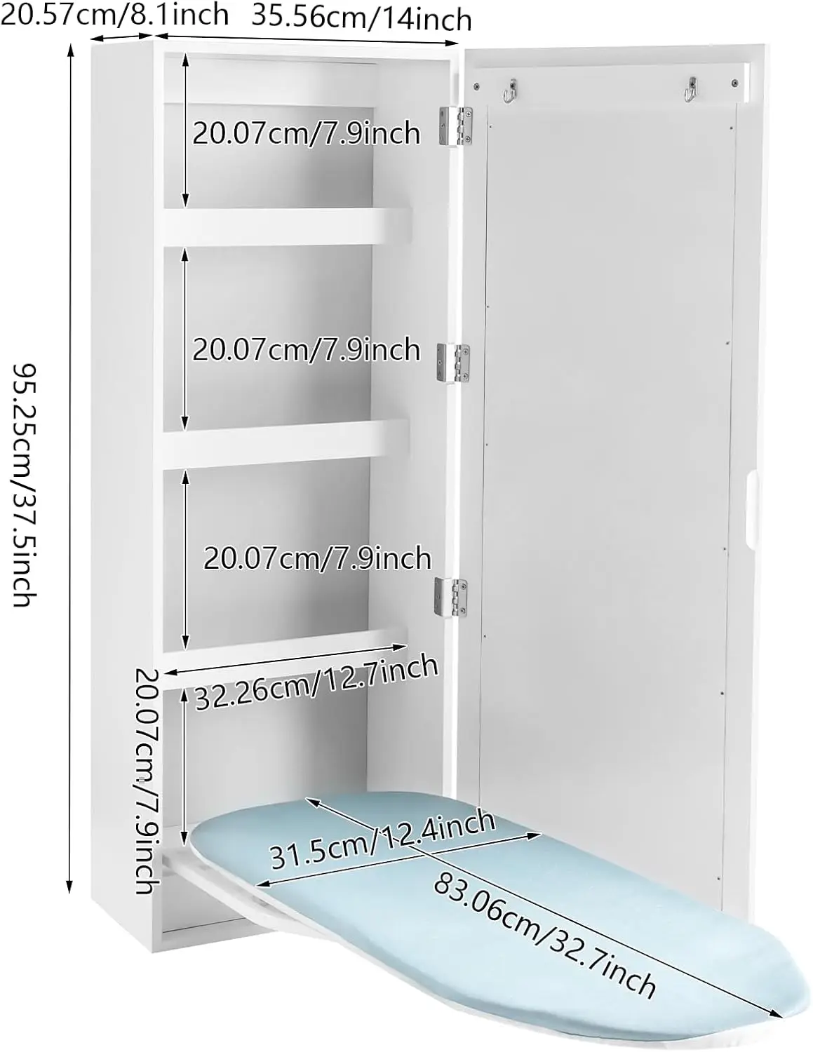 NEWEST Wall Mount Ironing Board Cabinet, Built-in Swivel Ironing Board Foldable with Storage, Wall Hanging with Mirror, White for Edrooms, Checkrooms, Small Houses, Sewing Rooms, Bedrooms