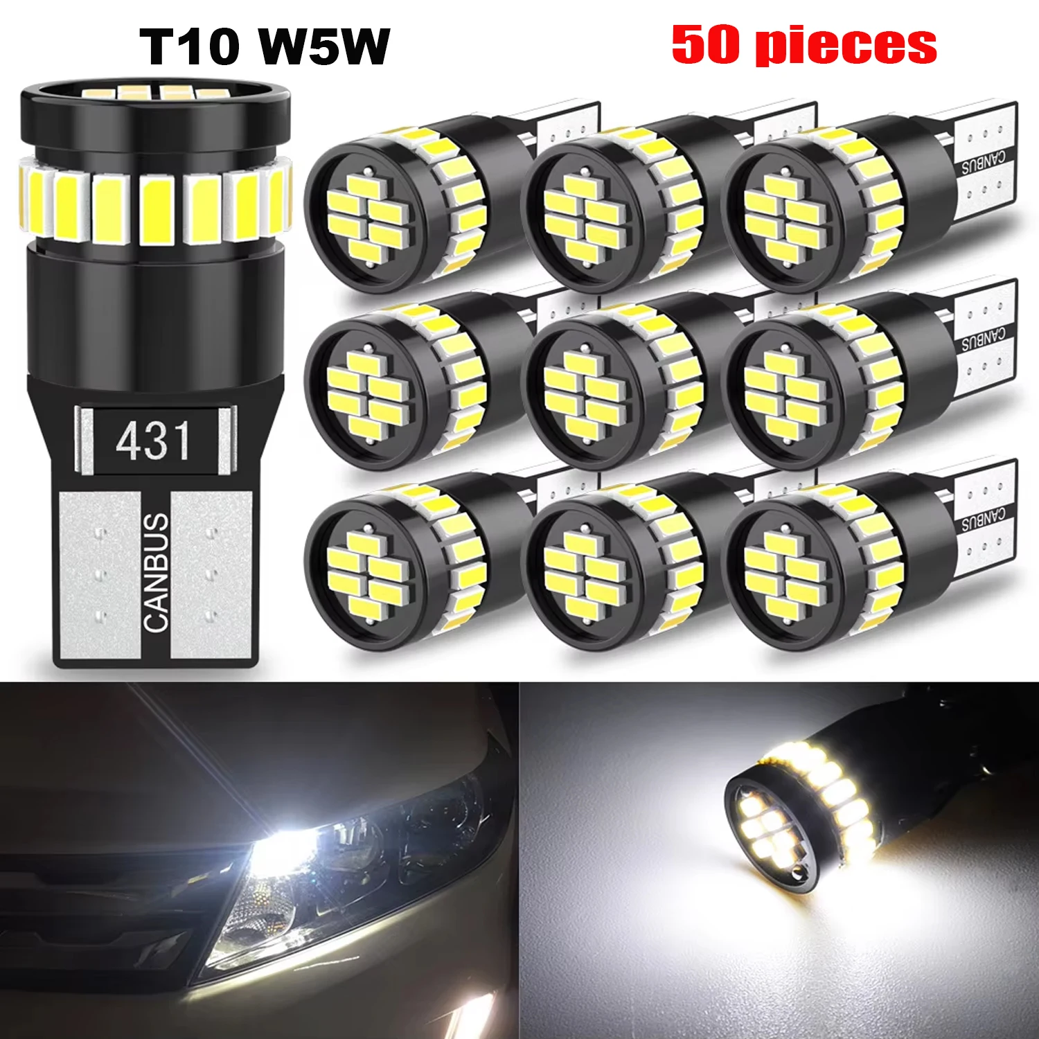 Katur 50pcs T10 W5W Canbus No Error LED Reading Light Plug and Play 6000K For Ford Fiesta Focus 2 3 Fusion Kuga Mustang Escape