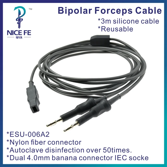 Kabel do kleszczy bipolarnych wielokrotnego użytku ESU-006A2, podwójne złącze bananowe 4.0mm, gniazdo IEC, popularne złącze z włókna nylonowego, kabel silikonowy 3m