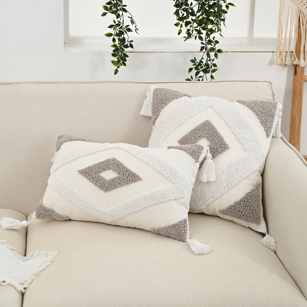 Design Sense Tufted Pillow Covers Decorative Geometric Embroidered Tassels Couch Cushion Cover Modern Decorative Pillow for Sofa