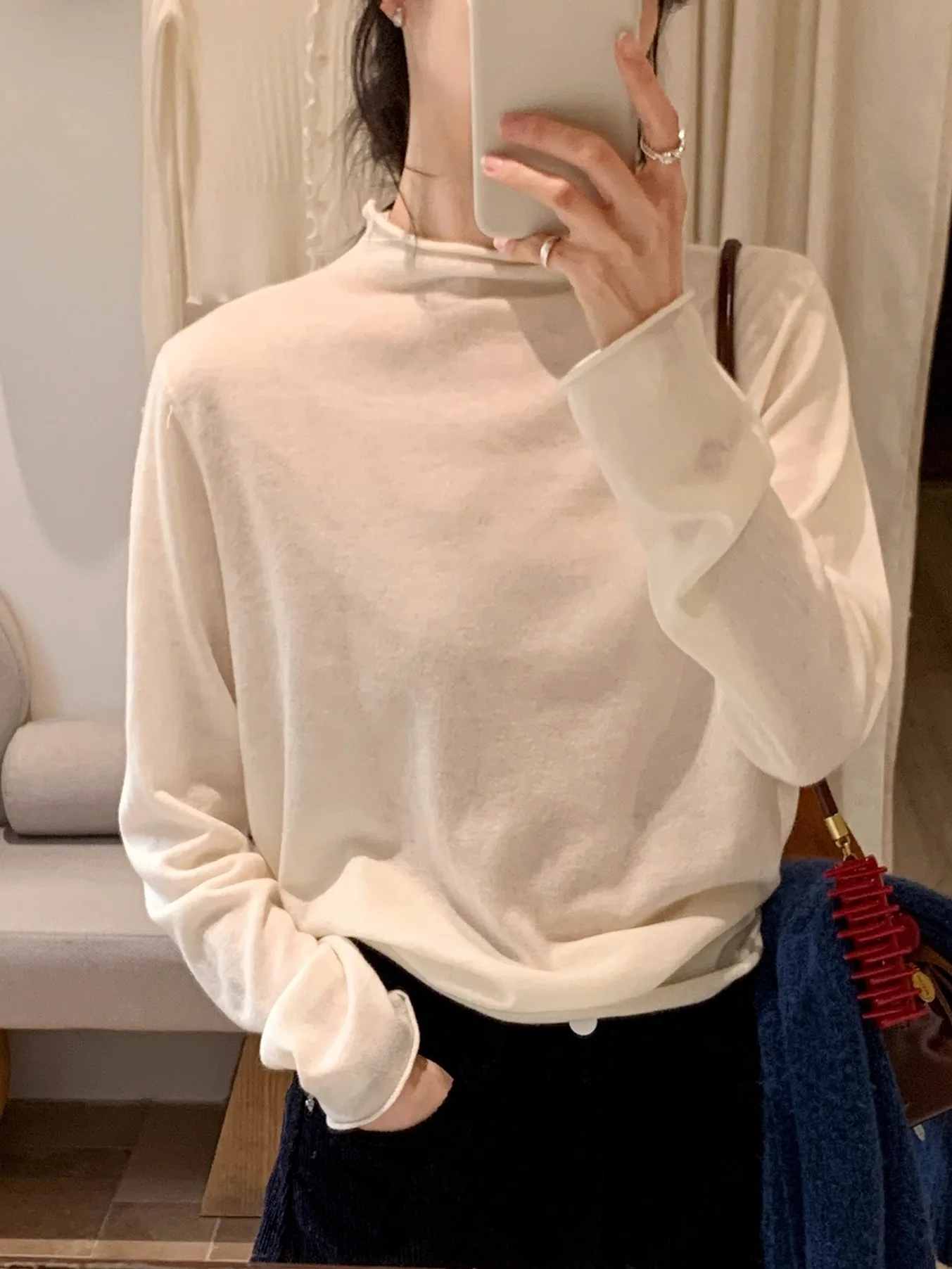 

BRIVIN Korean Sle Women's Knitted Sweater f High Collar Ultra Fine Merino Wool White Color Slim Fit Inner Wear Top
