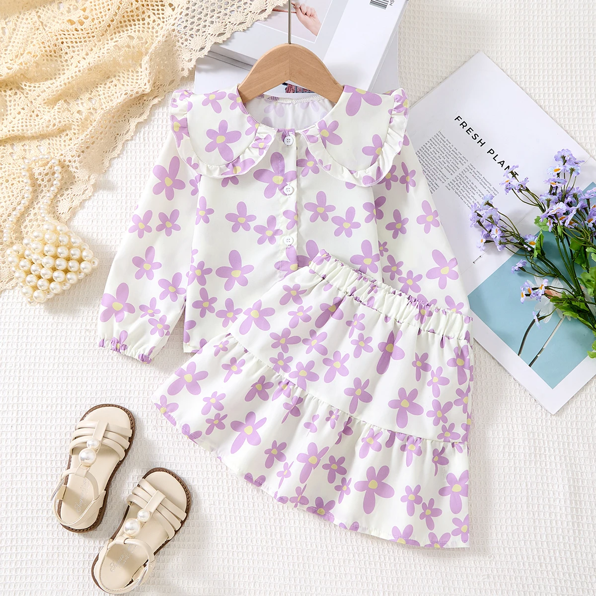 

Children's Clothing Sets Flower Print Long Sleeve Top + Skirt 2pcs Sets Baby Girl Outfit Set Toddler Girl Clothes