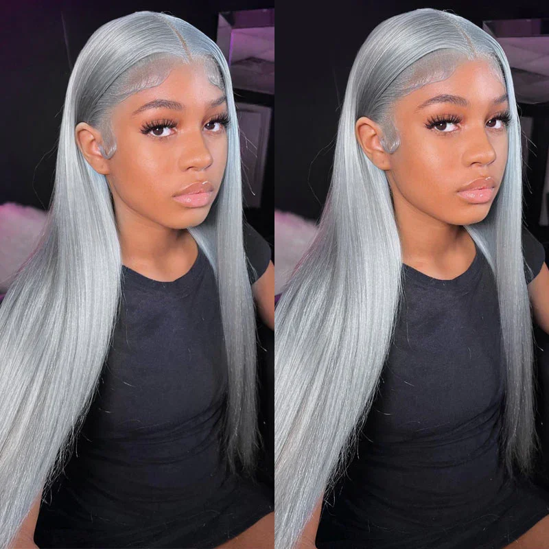 36 38 40 Inche Silver Grey Straight Lace Front Wig Human Hair Gray Colored HD Transparent 13x6 Lace Frontal Wigs  Pre Plucked with Baby Hair