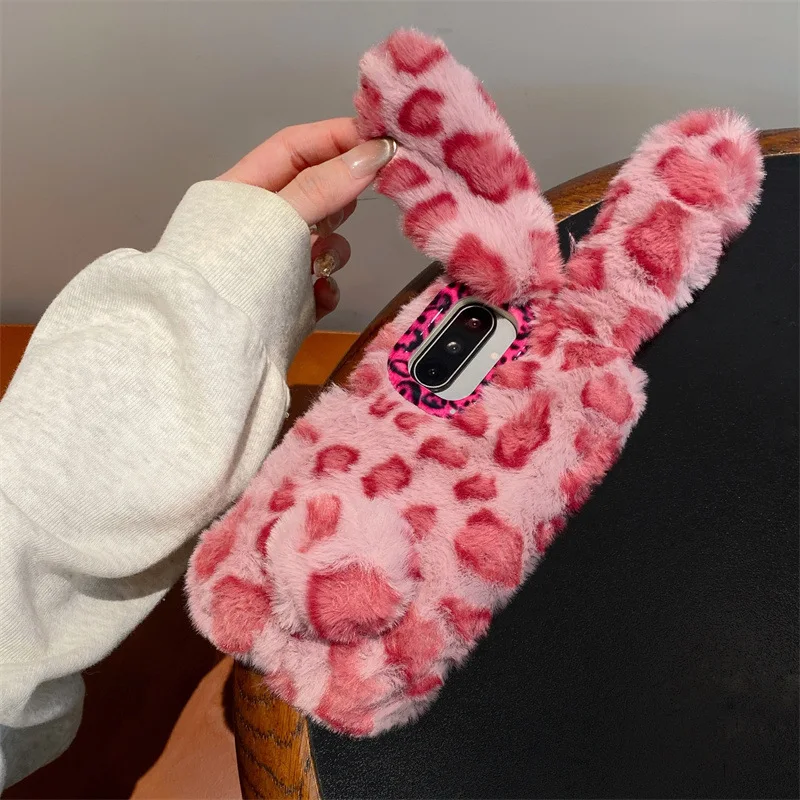 Luxury 3D Leopard Print Rabbit Plush Phone Case For Samsung Galaxy S26 S25 24 23 Ultra Plus A57 With Lanyard Shockproof Cover view 6