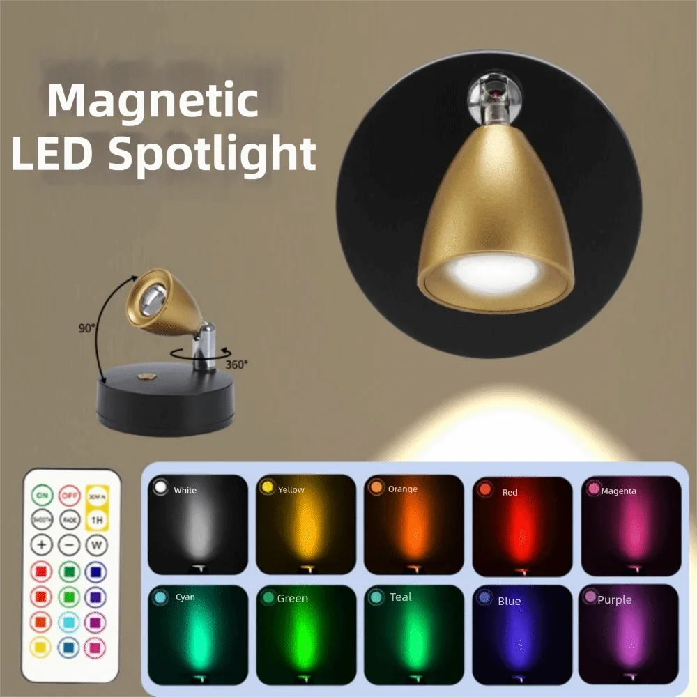 Magnetic Suction Magnetic LED Spotlight 13 Colors Rotatable Head Wireless Night Light Dimmable with Remote Control Wall Lamp