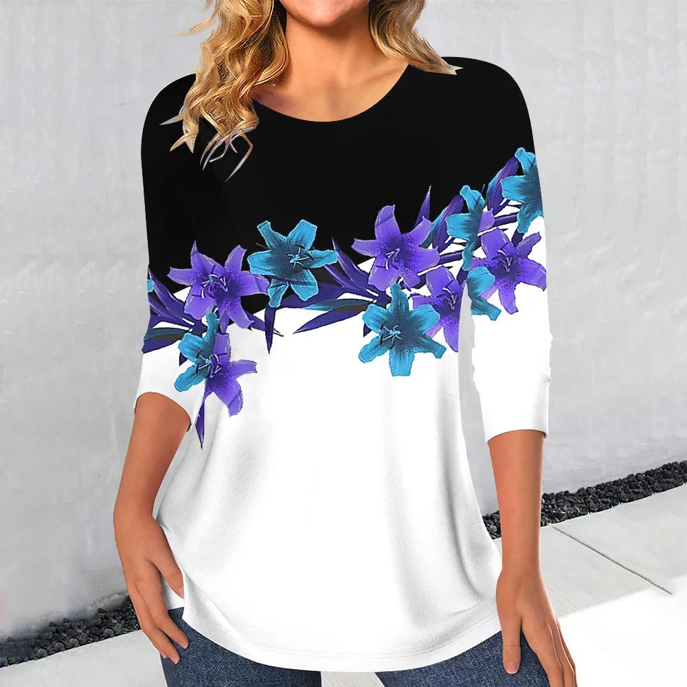 Women\'s Casual Rose Print T Shirt For Women Elegant Fashion Female Clothes Streetwear Vintage Long Sleeve Loose Tops Oversized