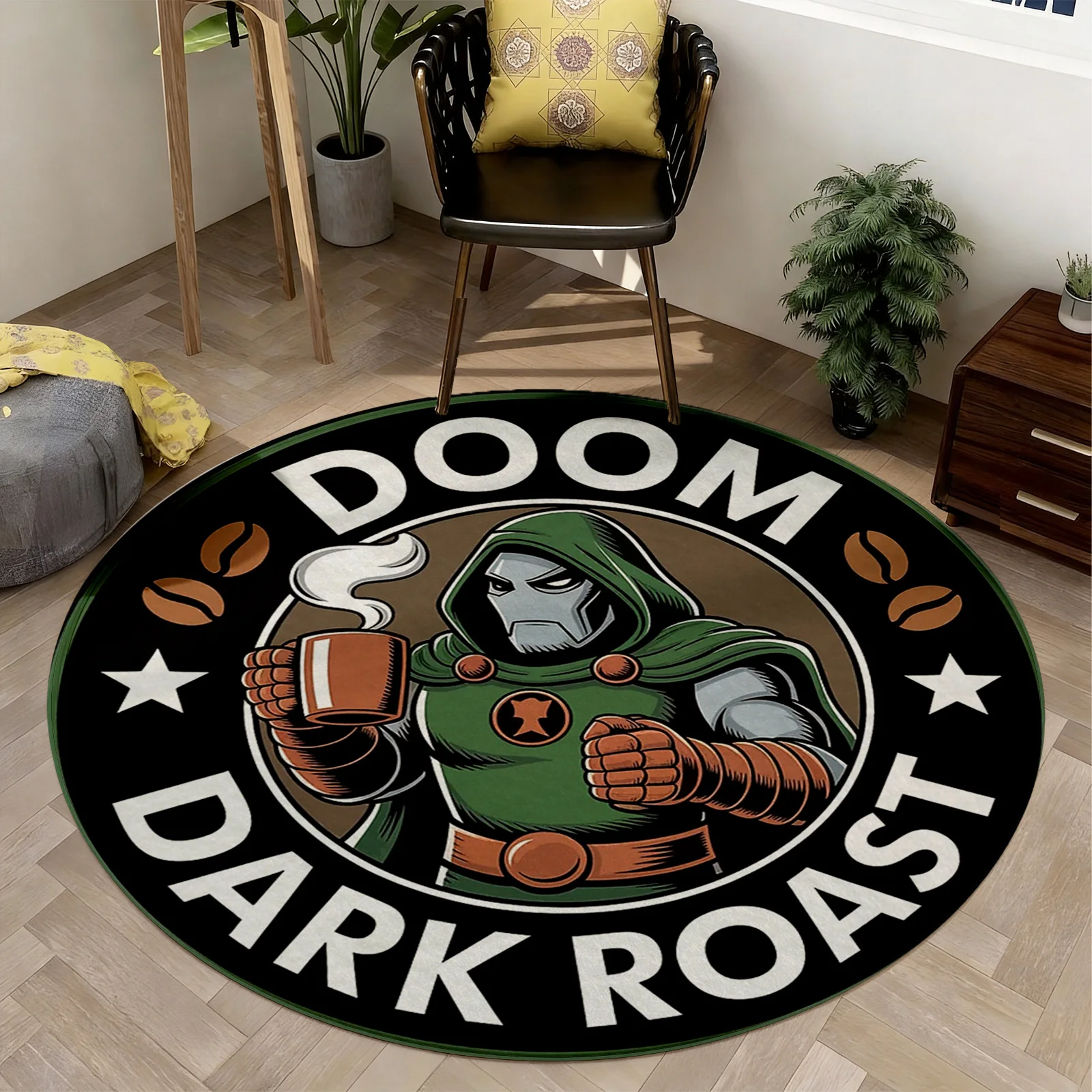 Round Coffee Roasting Theme Floor Mat Rug for Kitchen Cafe Barista Gift Idea Espresso Drink Lover Geometric Indoor Outdoor Area