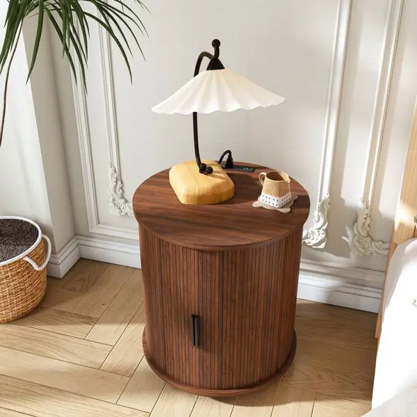Mid-century modern style two-story round bedside table with built-in charging station, sliding door and USB storage