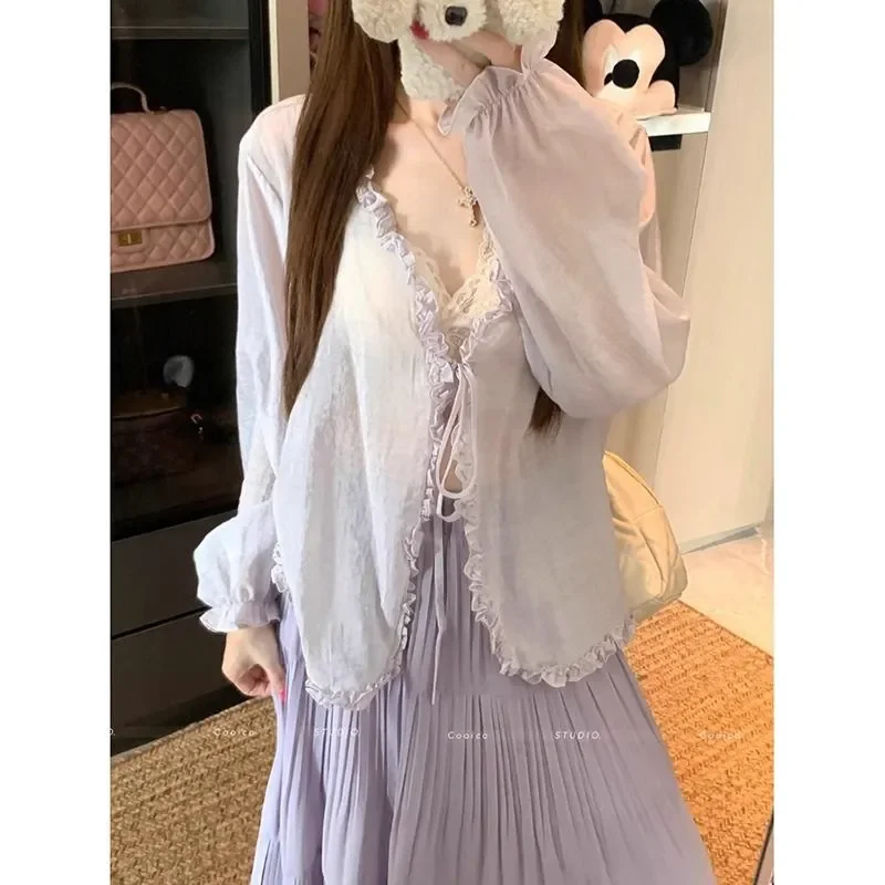 

Женская блузка больших размеров с рюшами и завязками спереди, прозрачная, летняя, с защитой от солнца, кардиган, топ с пышными рукавами